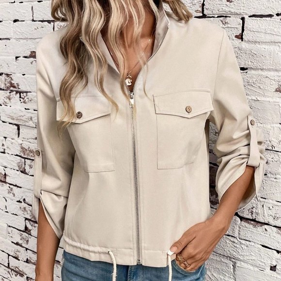 Apricot Casual Womens Flap Pocket Roll Tab Sleeve Drawstring Hem Zip Up Jacket - Picture 4 of 5